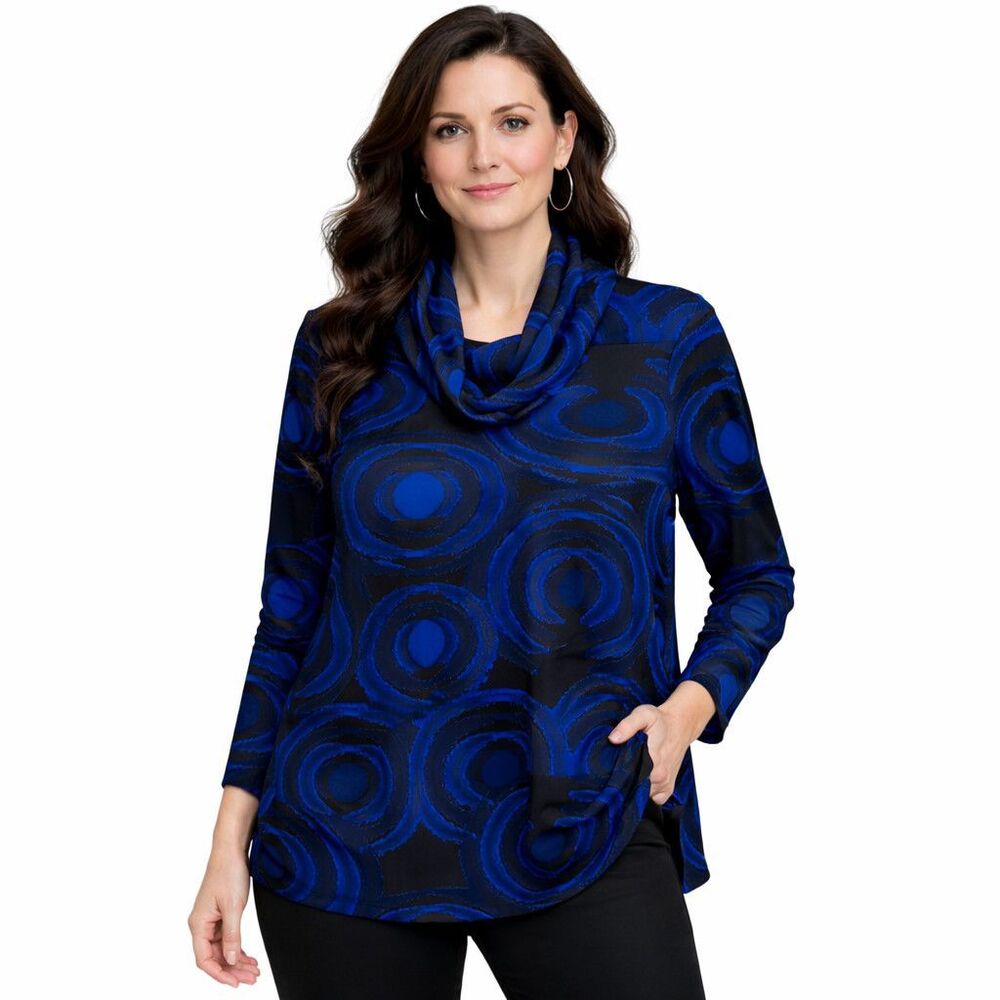 Ali Miles Blouse Womens Small Blue Cowl Neck Long Sleeve Tunic Geometric Top